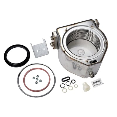 Vaillant varmeveksler VC 126/136/196 VS med synlig spiral, tilslutninger, pakninger og beslag.