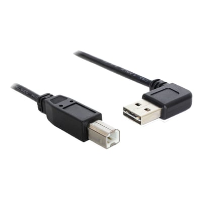 Sort DeLock EASY-USB 2.0-kabel med vinklet, vendbart USB-A-stik og USB-B-stik, vist med begge stik.