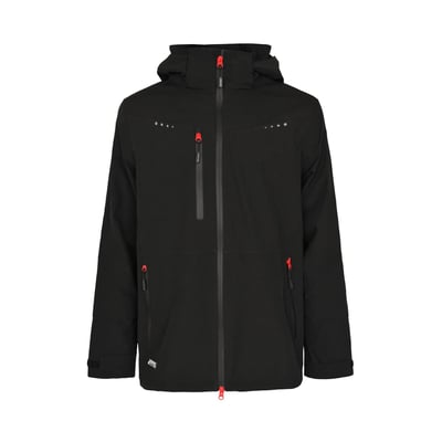 Sort Lyngsøe Rainwear F2026 regnjakke i str. 5XL med hætte, røde lynlåstrækkere og refleksdetaljer.