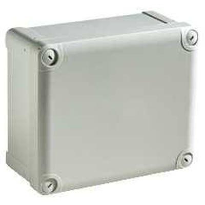 Schneider Electric Thalassa TBP kasse i grå polycarbonat med dimensionerne 175x107x80 mm og et lukket gråt låg.