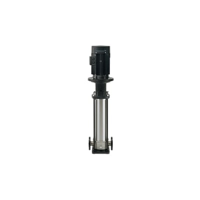 Grundfos CRN 10-04 vertikal flertrinspumpe i rustfrit stål med sort motor og rørtilslutninger nederst.