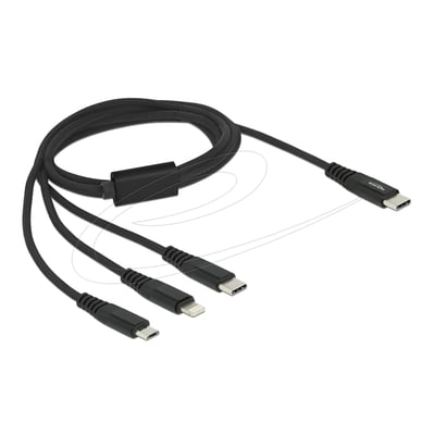 Sort DeLock 3-i-1 USB-C-ladekabel på 1 meter med USB-C-stik i den ene ende og tre forskellige stik i den anden.