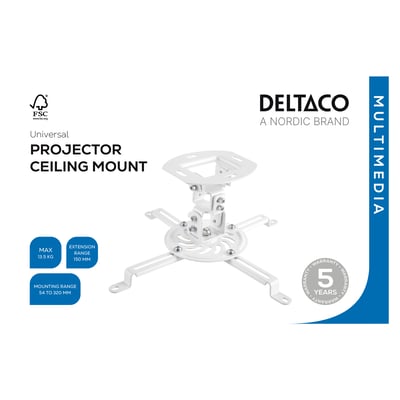 Deltaco projektorloftbeslag i hvidt på produktgrafik med justerbare arme og angivne monteringsmål.