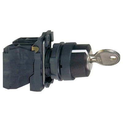 Nærbillede af Schneider Electric nøgleafbryder XB5 med indsat nøgle Ronis 455, der viser cylinderdetaljer og sort plasthus.