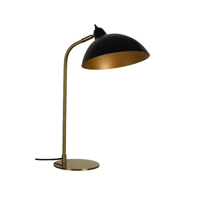 Futura bordlampe fra Dyberg Larsen i sort og messing isoleret på hvid baggrund, viser dens moderne design.