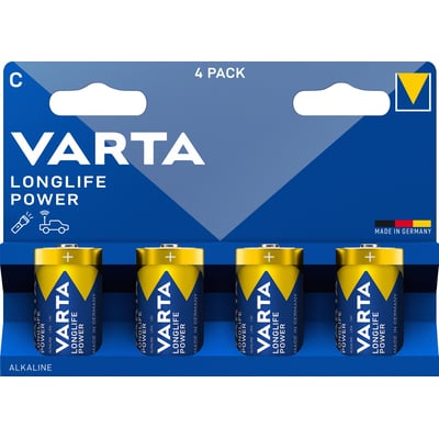 Varta Longlife Power C-batteri type 4914 med blå og gul emballage og batterier synlige nederst.