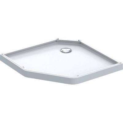 Ifö Showerama femkantet brusekar i hvid stenharpiks, måler 900x800 mm, med centrerede afløbsåbning.