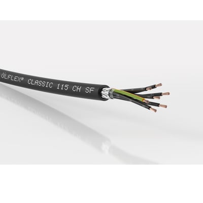 Lapp Olflex Classic 115 CH SF kabel med 25G1 ledere, viser sort ydre kappe og afskårne ender med kobberledere.