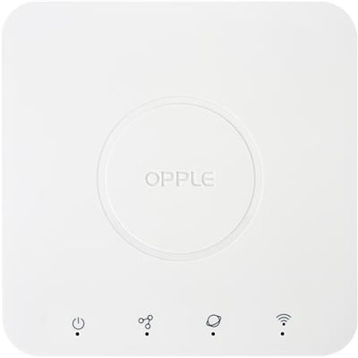 Hvid, kvadratisk Opple LEDsmart-BLE2-DALI-connect-box G2 med afrundede hjørner og betjeningssymboler på fronten.