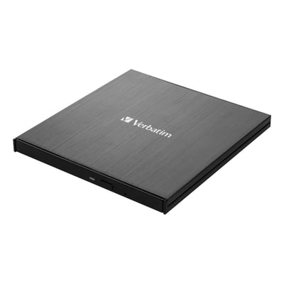 Verbatim Slimline DiskD eksternt DVD-drev i slankt, sort design med mørkegrå top, set skråt ovenfra.
