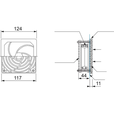 Teknisk tegning af Schneider Electric ventilator med dimensioner for bredde og dybde samt monteringsdetaljer.