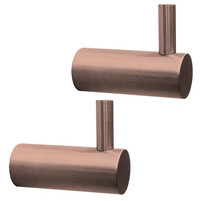 To Lavabo Luna håndklædekroge i PVD kobberfarve og rustfrit stål, vist samlet på hvid baggrund.
