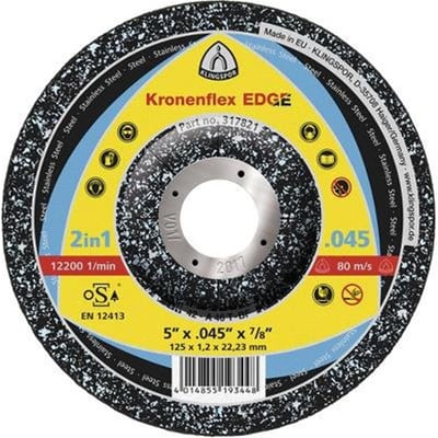 Nærbillede af Klingspor EDGE Special skæreskive i 125x1,2mm, med 22mm huldiameter, egnet til stål og rustfrit stål.