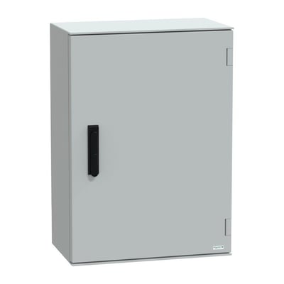 Schneider Electric vægskab 7035 poly, 747x536x300 mm, set fra siden med synligt logo og sort håndtagslås.