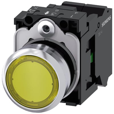 Siemens 22mm rund oplyst trykknap i metal med højglans gul front og 1NO kontakt, vist med bagmonteret holder og fjederklemme.