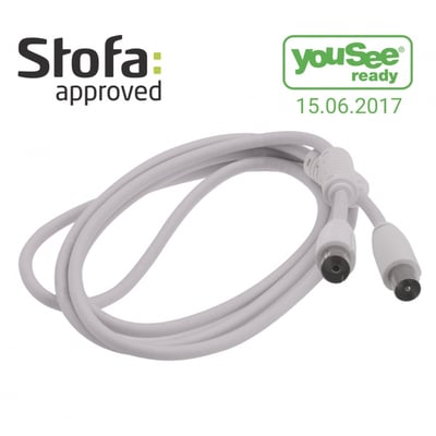 Hvidt Triax CTV A-antennetilslutningskabel på 1,5 meter med IEC-stik i begge ender og godkendelseslogoer.