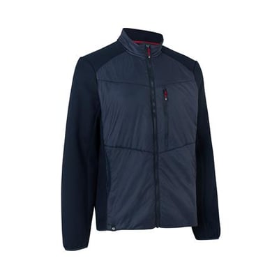 ID Identity hybrid jakke i navy blå, størrelse M, med quiltet front og fleece ærmer samt en diskret brystlomme.