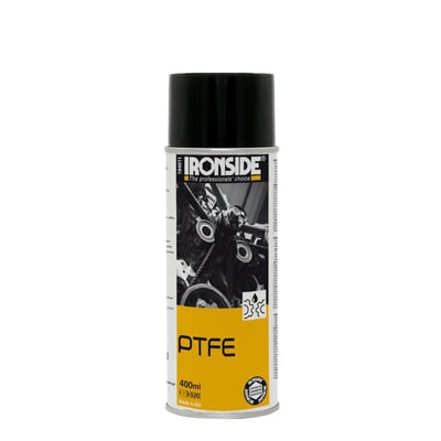 Ironside PTFE-smøremiddel på spray i dåse med sort låg og gul etiket, 400 ml.