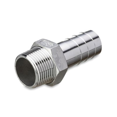 Blankpoleret slangestuds i rustfrit stål med sekskantet gevindfacon og konisk slangenippel til 16mm slange, 20 bar tryk.