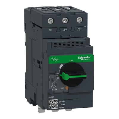 Schneider Electric TeSys motorværn med Everlink og spadestik, indstillingsområde 48-65A. Grå enhed med sort drejehåndtag og grønne accenter på hvid baggrund.