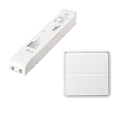 Jumitech Driver LC150W/24V BDV SC med trådløst 2-tryk, en hvid LED-driver og en matchende 2-knaps lyskontakt.