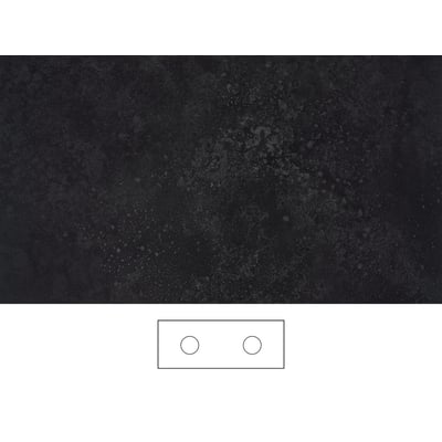Svedbergs mørke grafitbordplade på 121 x 46 cm med dobbelt udskæring, vist med mørk overflade og skitse af to huller.