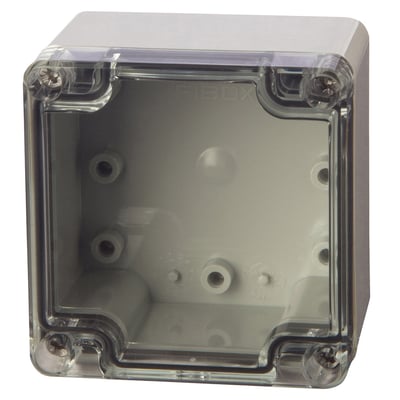 Fibox Euronord kasse på 80x82x55mm med gennemsigtigt polycarbonat dæksel og grå bund, vist forfra med skruer.