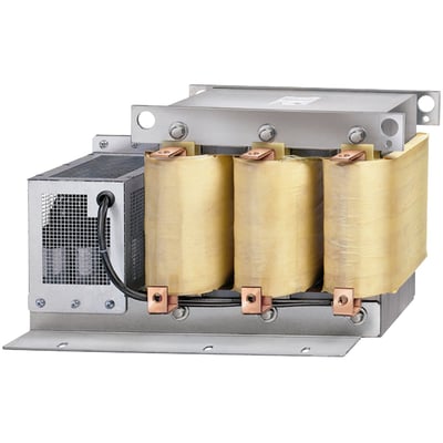 Siemens SINAMICS output reactor til Power Modul FSB FP, med tre gule spoler og en køleenhed på siden.