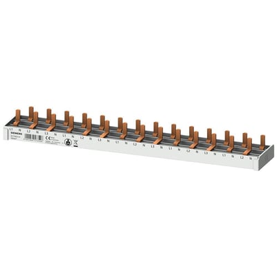 Siemens SENTRON 5ST3 stiftsamleskinne med 10mm² tilslutning og 14x kompakte enheder, fremstillet af metal og plast.