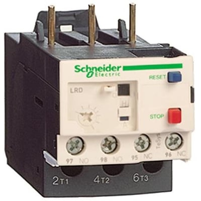 Schneider Electric TeSys D termorelæ LRD05, 0,63-1A, med 1 NO og 1 NC kontakt, vist fra siden med fokus på tilslutningsklemmer.
