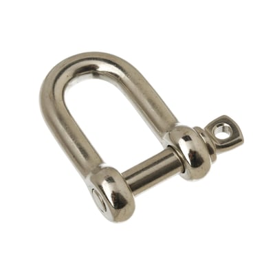 MichLar syrefast D-sjækel i aisi 316 stål med 6 mm diameter og øjebolt, isoleret på hvid baggrund.