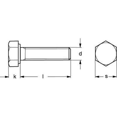 Teknisk illustration af en M6X14 ISO 4017 A4 sætskrue, der viser dimensionerne 'k', 'l', 'd' og 's'.