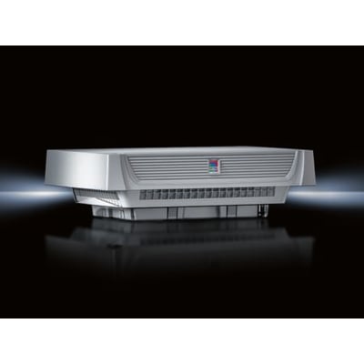 Rittal ventilator 400x400mm i sølvfarvet metal med Rittal logo, monteret på sort baggrund med refleksion.