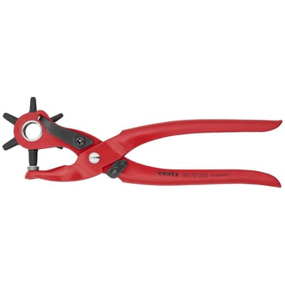 Knipex revolverhultang i rød med fokus på de sorte, drejelige hulpiber og den præcise mekanisme.
