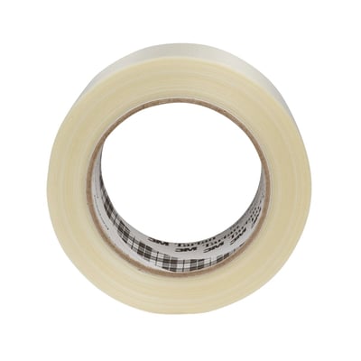 3M Tartan Filamenttape 8953 i klar, 50mm bred, viser en tæt rulle tape med tydelige filamenttråde og mærkebånd.