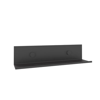 Sort Svedbergs-hylde i aluminium med opret bagplade og smal forkant, set skråt forfra; måler 325 x 75 x 75 mm.