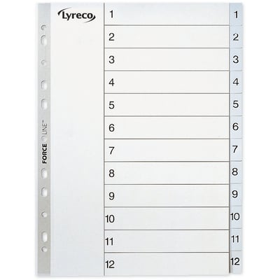 Lyreco A4 register med 1-12 faner, fremstillet af grå plast med Force-Line hulforstærkning.