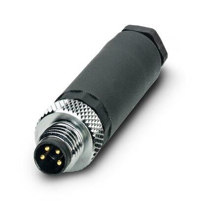 Phoenix Contact SACC-M 8MS-4CON-M-SW sensor-aktuator forbindelse med 4 gyldne pins på en hvid baggrund.