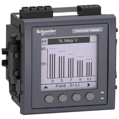 Schneider Electric PM5330 strømmåler med grafisk display, der viser harmoniske målinger % Mag V og driftsstatusindikatorer.