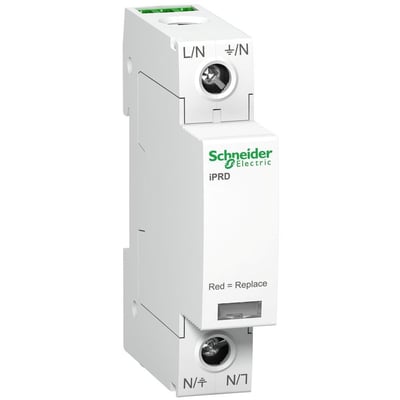 Schneider Electric overspændingsafleder iPRD65r i hvidt kabinet med mærkninger L/N og N/jord samt en indikator for udskiftning.