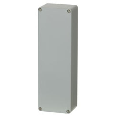 Fibox aluminiumskasse AL082506, en lukket grå kasse med mål 81x252x57 mm, vist forfra.