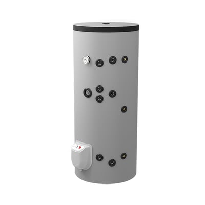 Fritstående Eldom solvarmebeholder på 200 liter med to spiraler og mange tilslutningsmuligheder samt manometer.