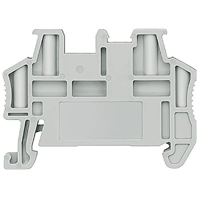Gråt Siemens Quick-fit endestop med etiket, 5,15 mm bredt, set forfra med den store plane etiketflade synlig.