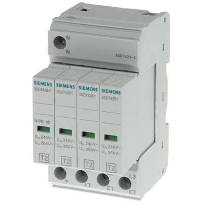 Siemens overspændingsbeskytter type 2 (SPD) med 4 poler (3+N/PE) og 240V AC mærkestrøm. Enheden har grønne statusindikatorer.