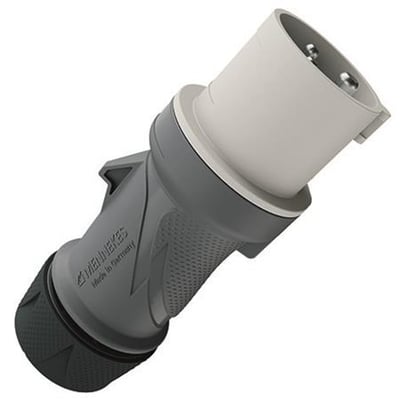 Mennekes CEE-stikprop PowerTOP Xtra R, 16 A og 3-polet, med gråt og sort hus, set skråt med kontaktenderne synlige.