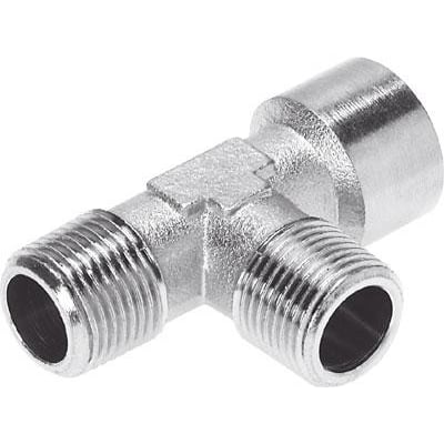 Festo T-forskruning NPFC-T-2R18-G18-MMF i messing med forniklet overflade, viser tre gevindtilslutninger og T-formet design.