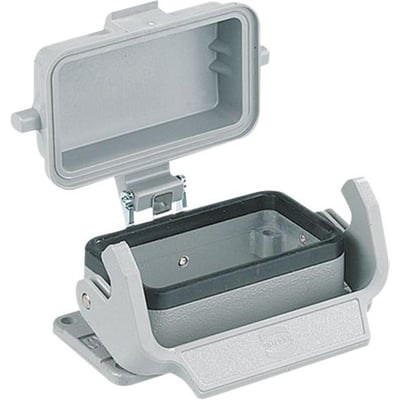 Nærbillede af et Harting chassishus med låg HAN 16 A, der viser aluminiumskonstruktion og gummitætning indvendigt.