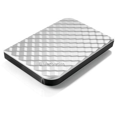 Verbatim Store n Go ekstern harddisk på 2 TB i sølv, set skråt med mønstret overside og sort kant.