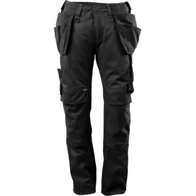 Mascot arbejdsbukser i sort, 76C50, med mange funktionelle lommer og trenålssømme.