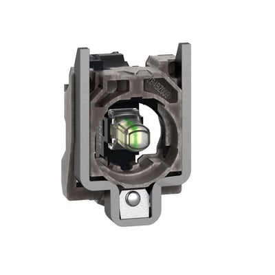 Frontvisning af Schneider Electric Harmony XB4 lampekrop, med fokus på den integrerede grønne LED og 22mm monteringsramme.